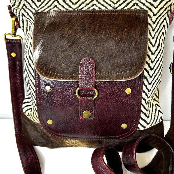 Myra Mixed Media Wine Leather Chevron Fabric Haircalf Shoulder Crossbody Bag - Picture 2 of 13